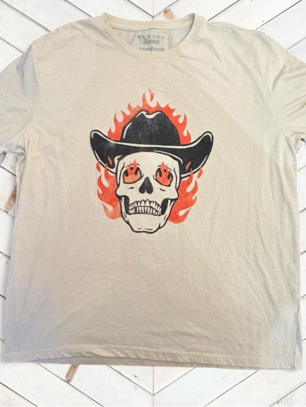 Lucky Brand Cream Tee with Black Cowboy Skull and Orange Flames